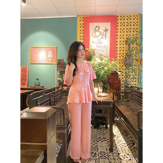 Bộ đồ lam đi chùa lụa gấm, cổ tròn, đính ngọc, tiểu thư màu xanh trà siêu tôn da