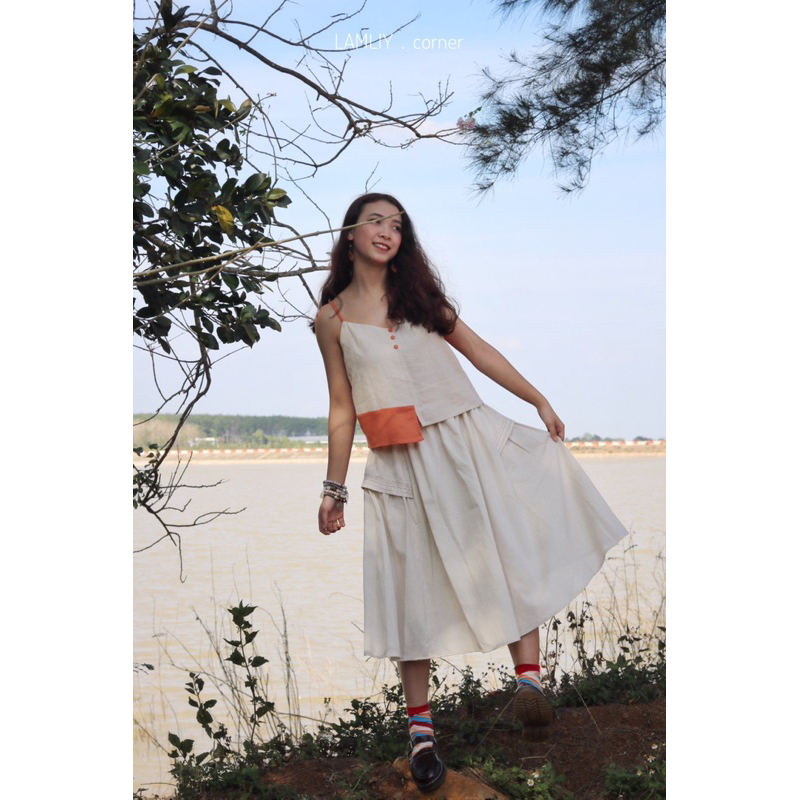 Váy lưng thun phối sườn linen