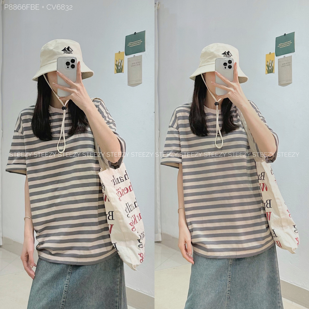 [P8866] Áo phông cotton dày kẻ ngang vừa form rộng (Có sẵn/ ảnh thật)