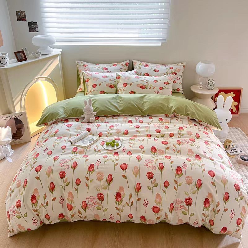 Bộ chăn ga gối cotton organic nhập khẩu Hoa tuylip đỏ Dreamhome