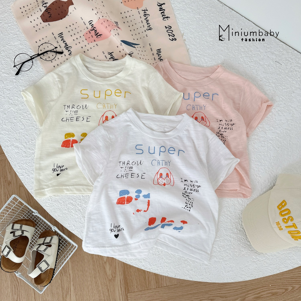 Bộ đồ cộc tay in hình chữ và cún cho bé trai bé gái, chất liệu 100% cotton, set quần áo trẻ em mặc hè Miniumbaby-SB1462