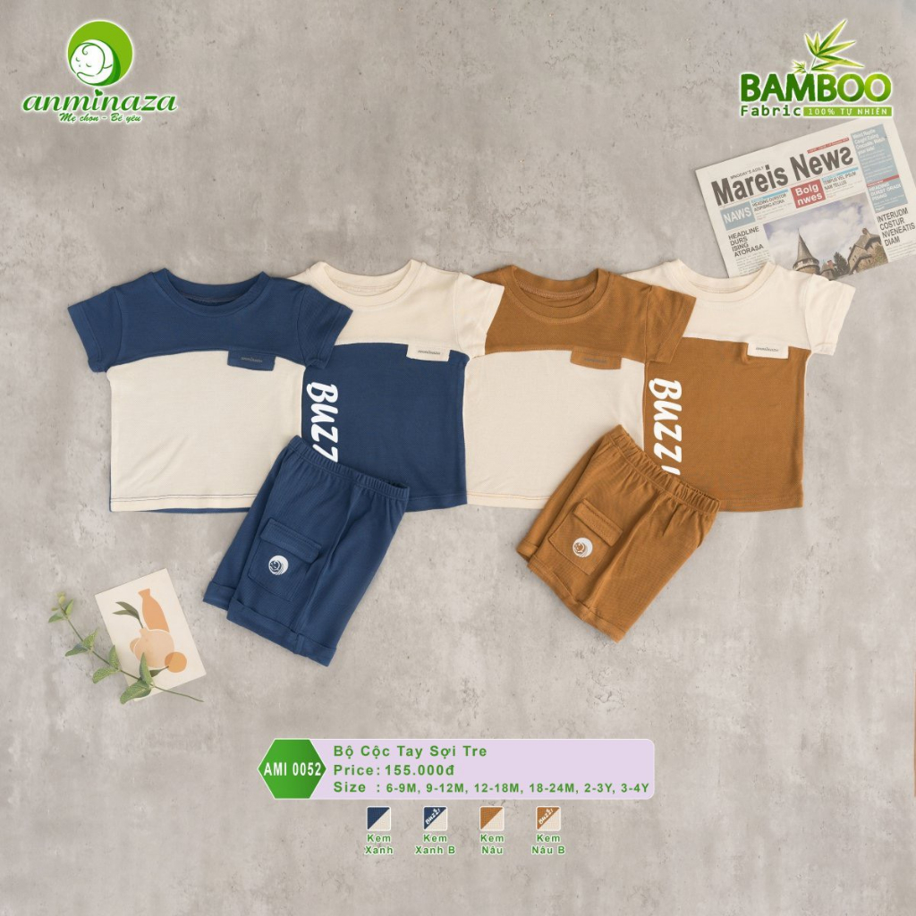 Anmina - Bộ cộc tay sợi tre phối chữ AMI0052
