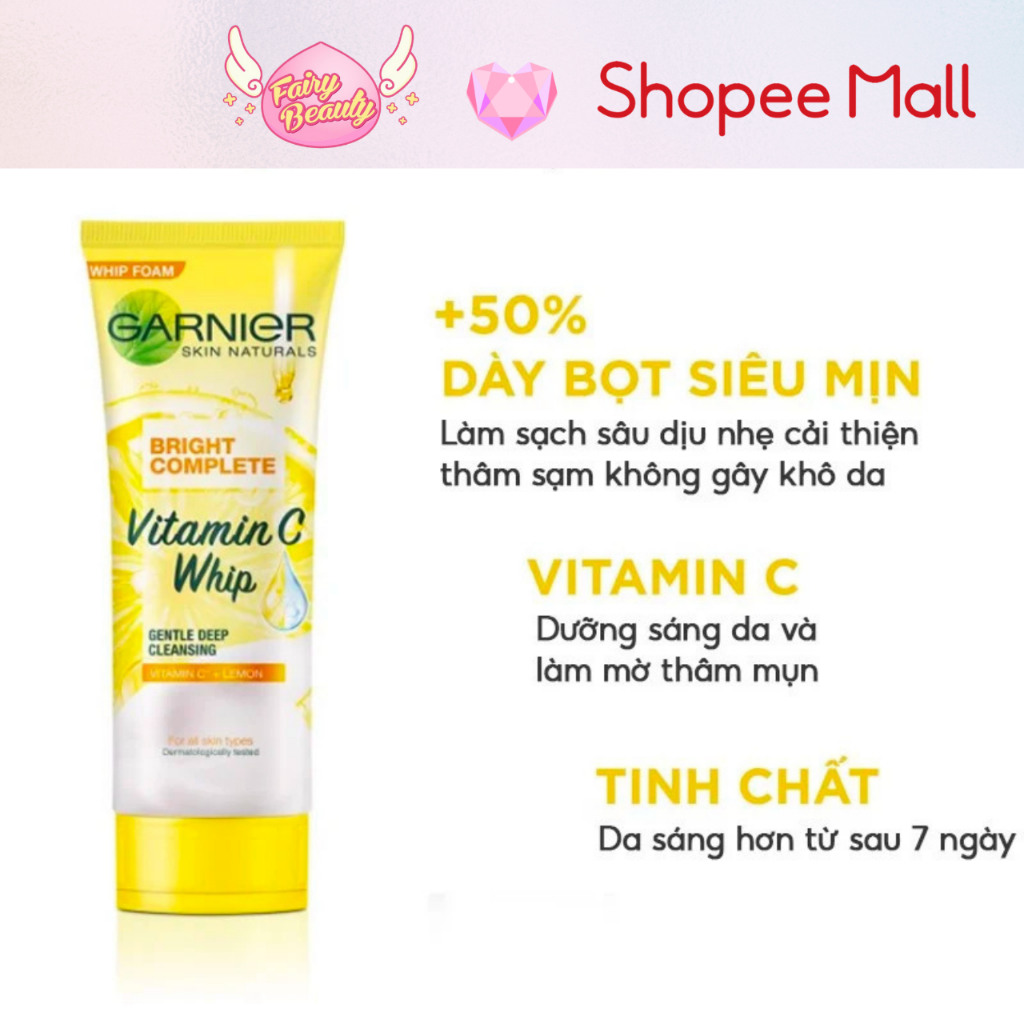 [GARNIER] Sữa Rửa Mặt Tạo Bọt Chứa Vitamin C Giúp Sáng Da, Mờ Thâm Và Ẩm Mịn Light Complete Brightening Whip Foam 100ml