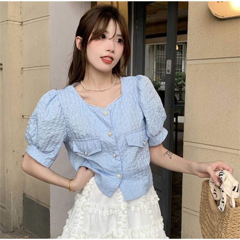 Áo nữ kiểu áo nữ bánh bèo sơ mi vải xốp phong cách tiểu thư mùa hè