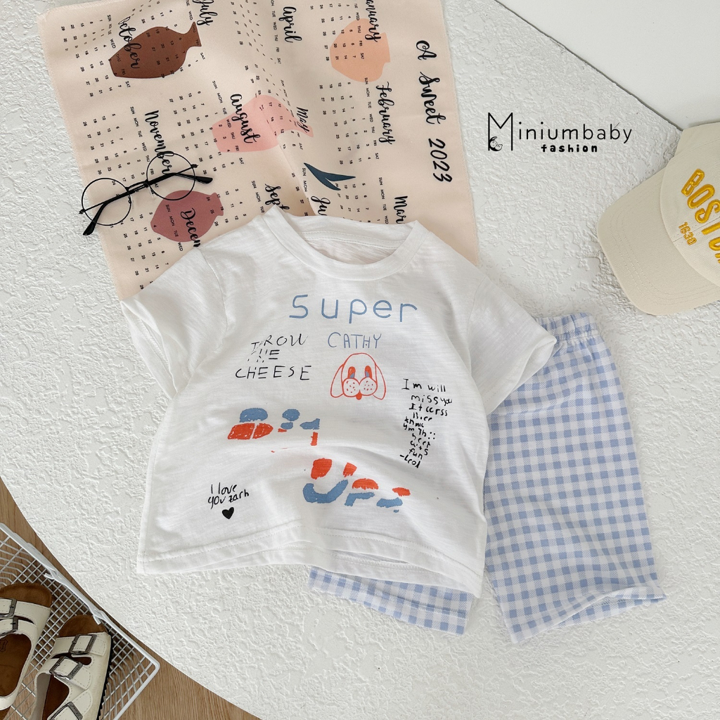 Bộ đồ cộc tay in hình chữ và cún cho bé trai bé gái, chất liệu 100% cotton, set quần áo trẻ em mặc hè Miniumbaby-SB1462