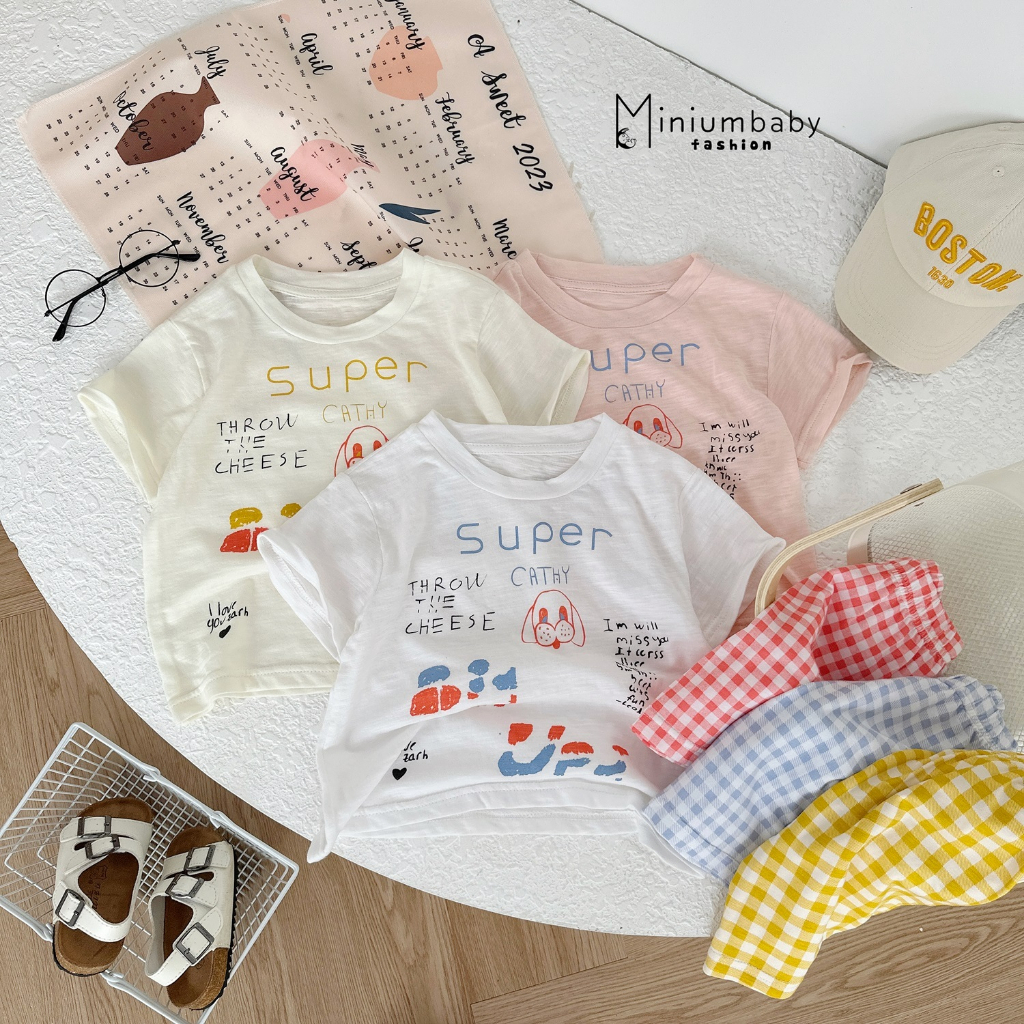 Bộ đồ cộc tay in hình chữ và cún cho bé trai bé gái, chất liệu 100% cotton, set quần áo trẻ em mặc hè Miniumbaby-SB1462