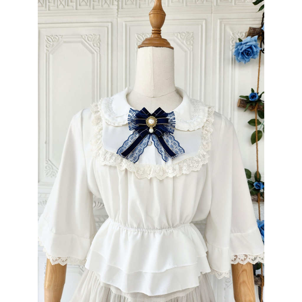 Nơ cài áo tag cài áo vintage lolita màu xanh navy