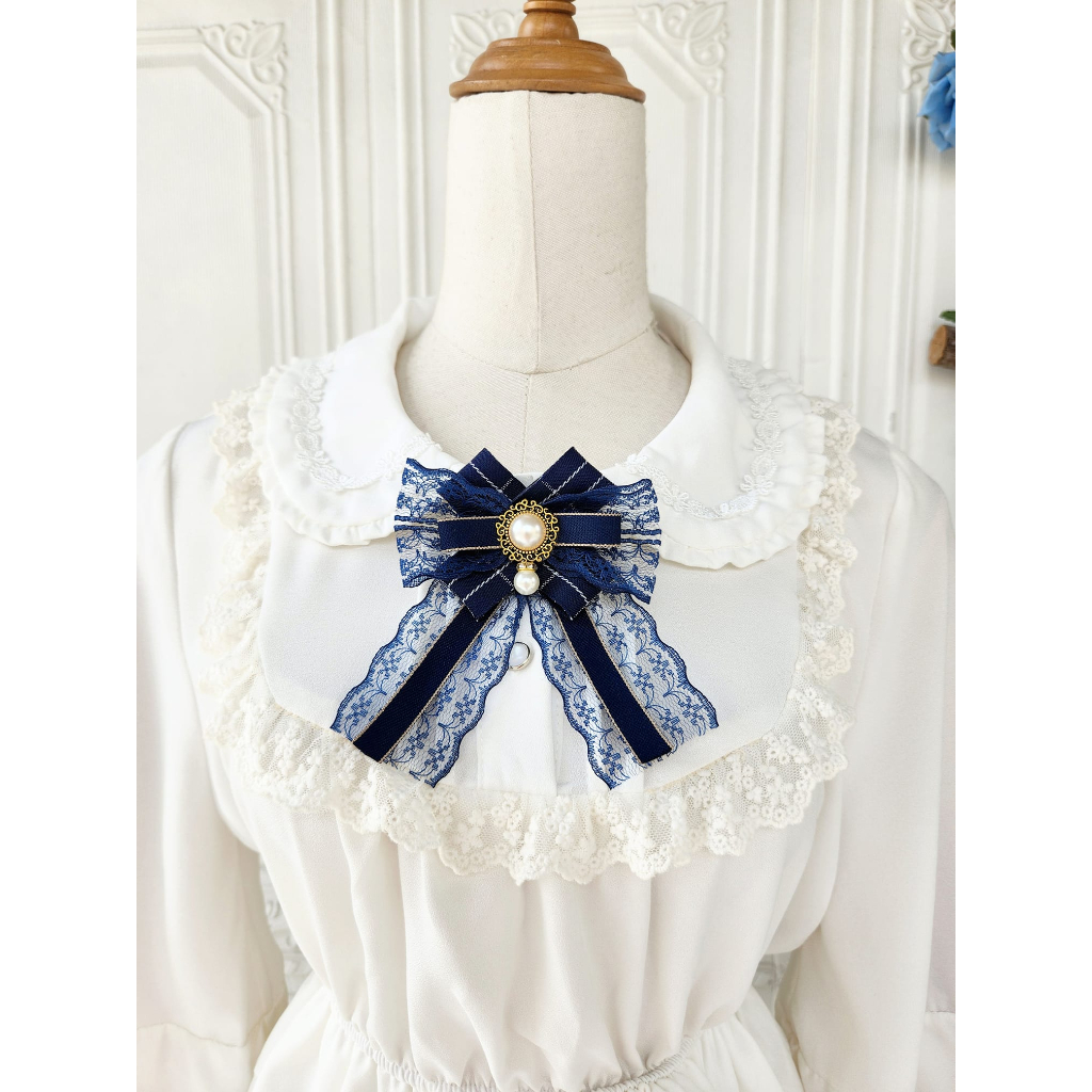 Nơ cài áo tag cài áo vintage lolita màu xanh navy