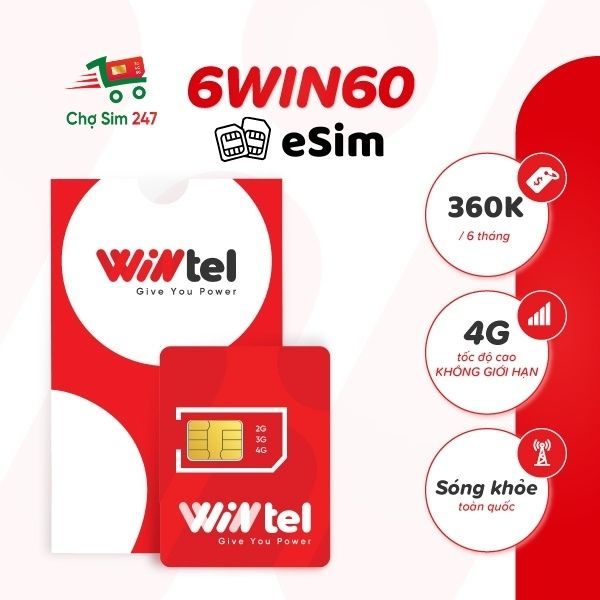 eSim Wintel 6Win60 - Data tốc độ cao không giới hạn, không hạ băng thông - Đã nạp sẵn gói cước 6 tháng