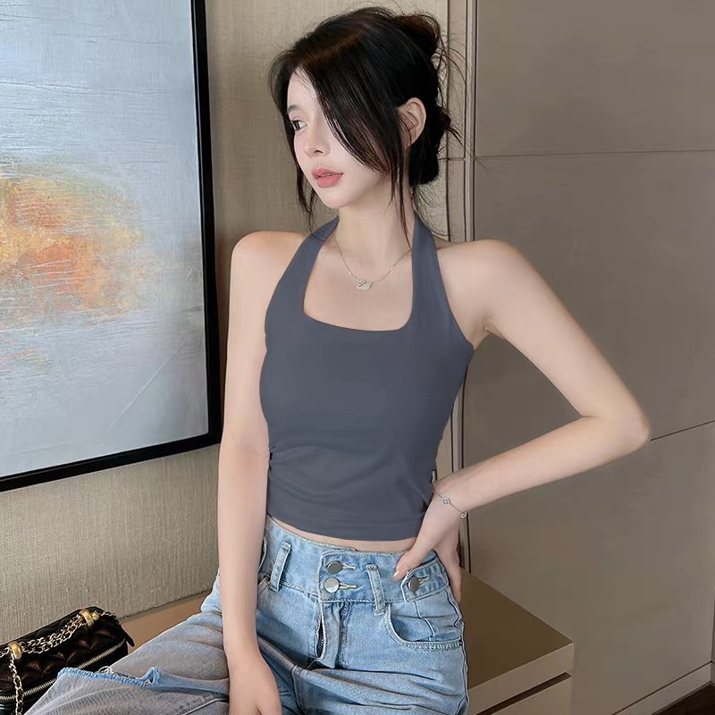 Áo croptop cổ yếm hở lưng sau chất thun gân tăm siêu co giãn