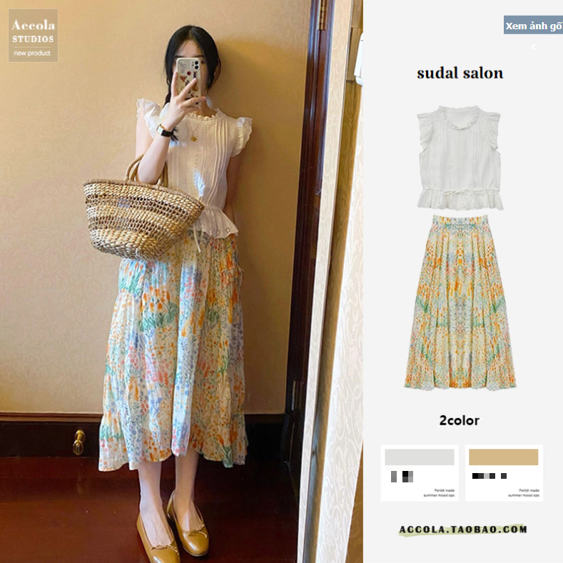 (ORDER) Chân váy MORAN midi xòe dài điệu đà họa tiết hoa nhiều sắc màu tươi tắn Hàn Quốc
