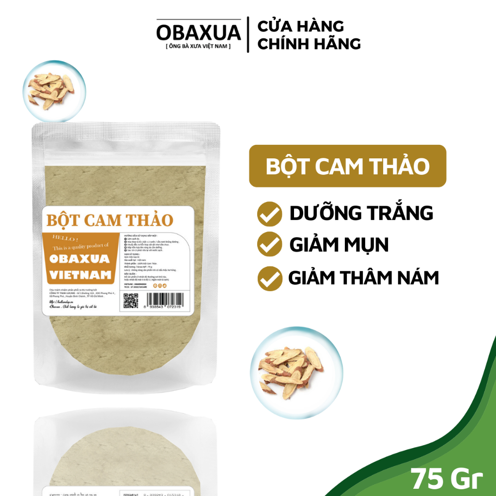 Bột Cam Thảo OBAXUA Nguyên chất - Trắng da, giảm mụn, mờ thâm nám, trẻ hoá