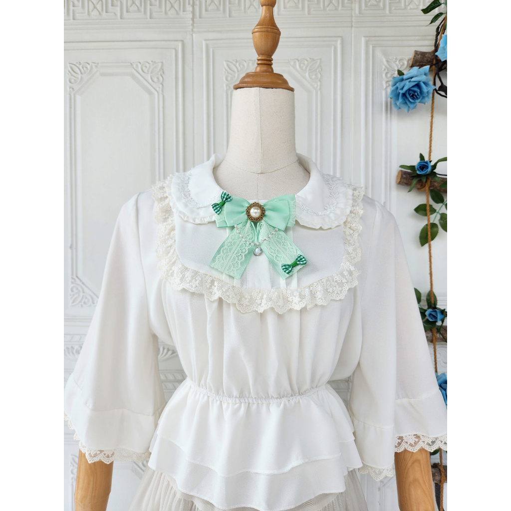 Nơ cài áo tag cài áo vintage lolita màu xanh ngọc
