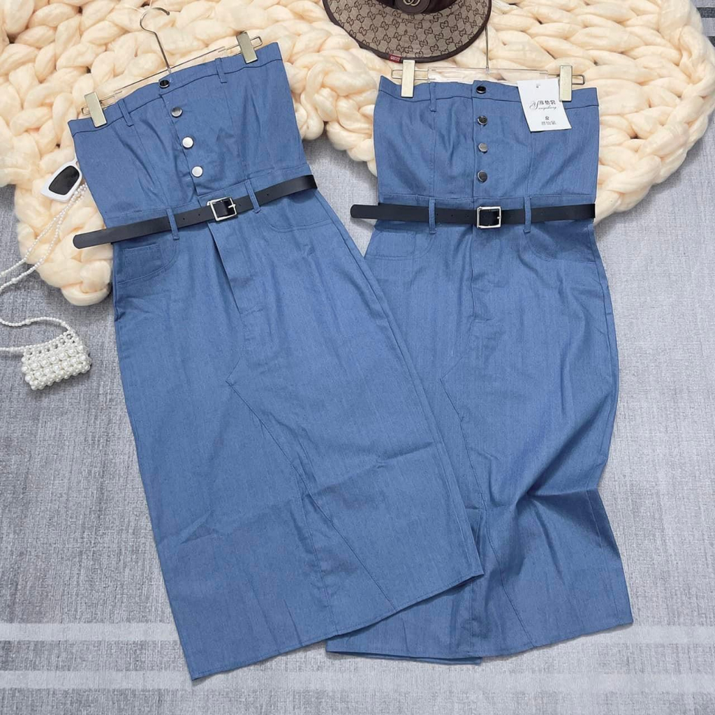 Váy jean nữ cúp ngực khuy cài kèm đai dáng dài- đầm bò quây ôm body xẻ sau màu xanh chất bò giấy co dãn hàn quốc