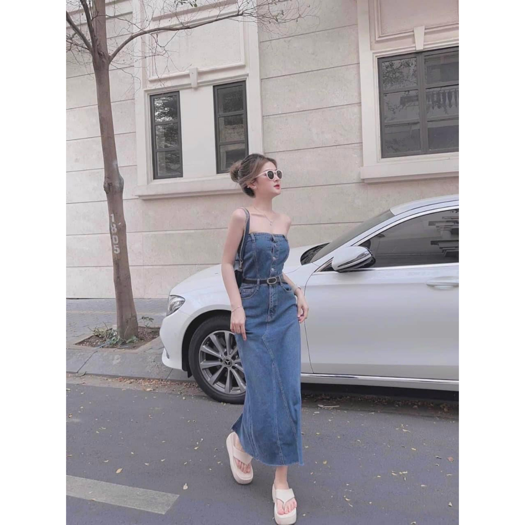 Váy jean nữ cúp ngực khuy cài kèm đai dáng dài- đầm bò quây ôm body xẻ sau màu xanh chất bò giấy co dãn hàn quốc