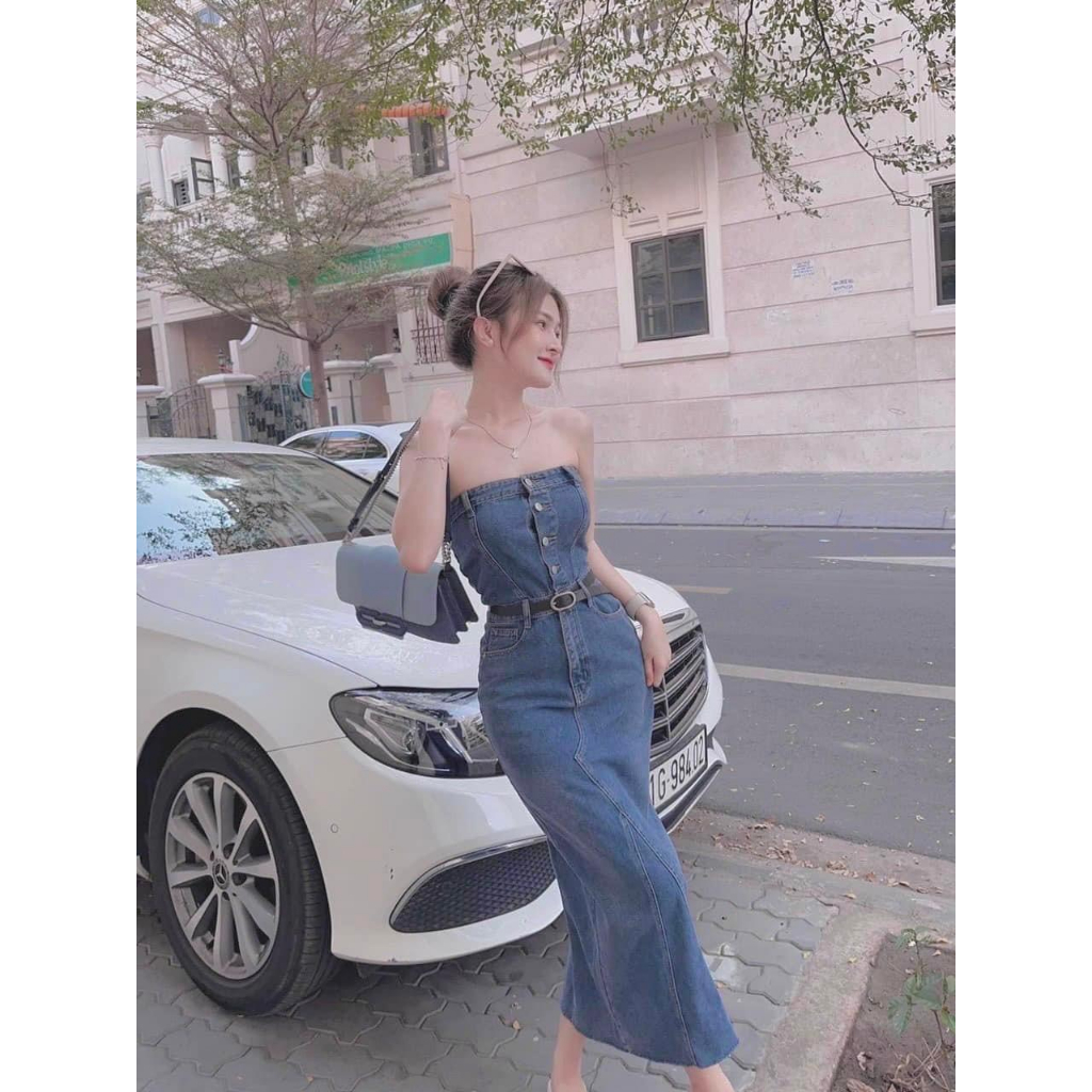 Váy jean nữ cúp ngực khuy cài kèm đai dáng dài- đầm bò quây ôm body xẻ sau màu xanh chất bò giấy co dãn hàn quốc