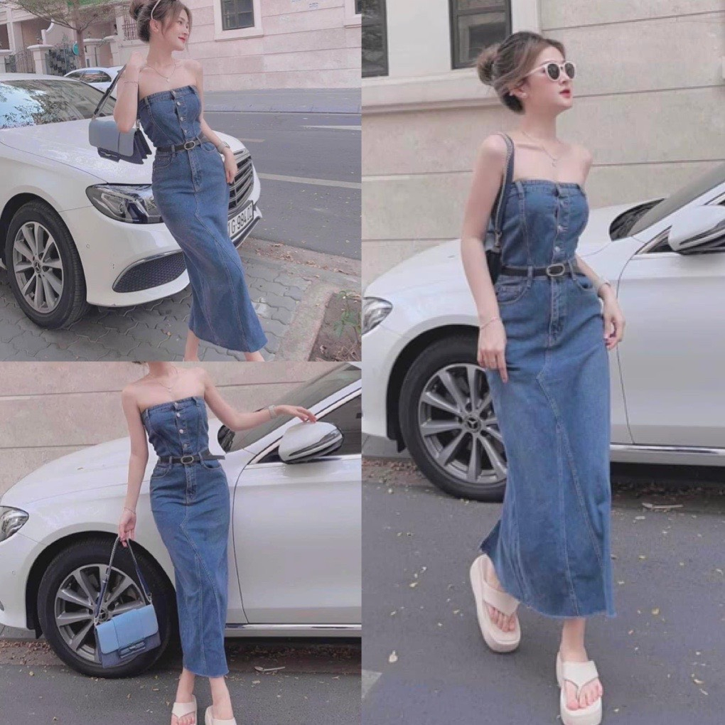 Váy jean nữ cúp ngực khuy cài kèm đai dáng dài- đầm bò quây ôm body xẻ sau màu xanh chất bò giấy co dãn hàn quốc