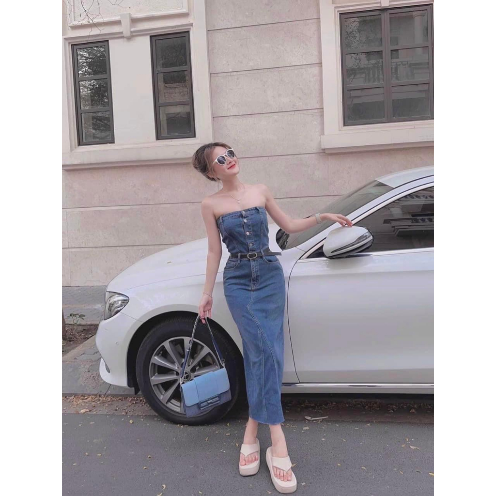 Váy jean nữ cúp ngực khuy cài kèm đai dáng dài- đầm bò quây ôm body xẻ sau màu xanh chất bò giấy co dãn hàn quốc