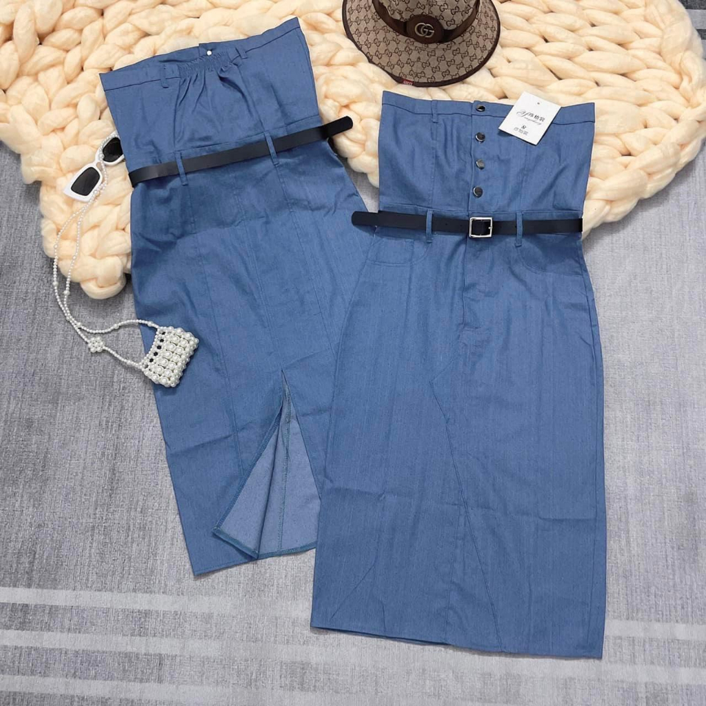 Váy jean nữ cúp ngực khuy cài kèm đai dáng dài- đầm bò quây ôm body xẻ sau màu xanh chất bò giấy co dãn hàn quốc