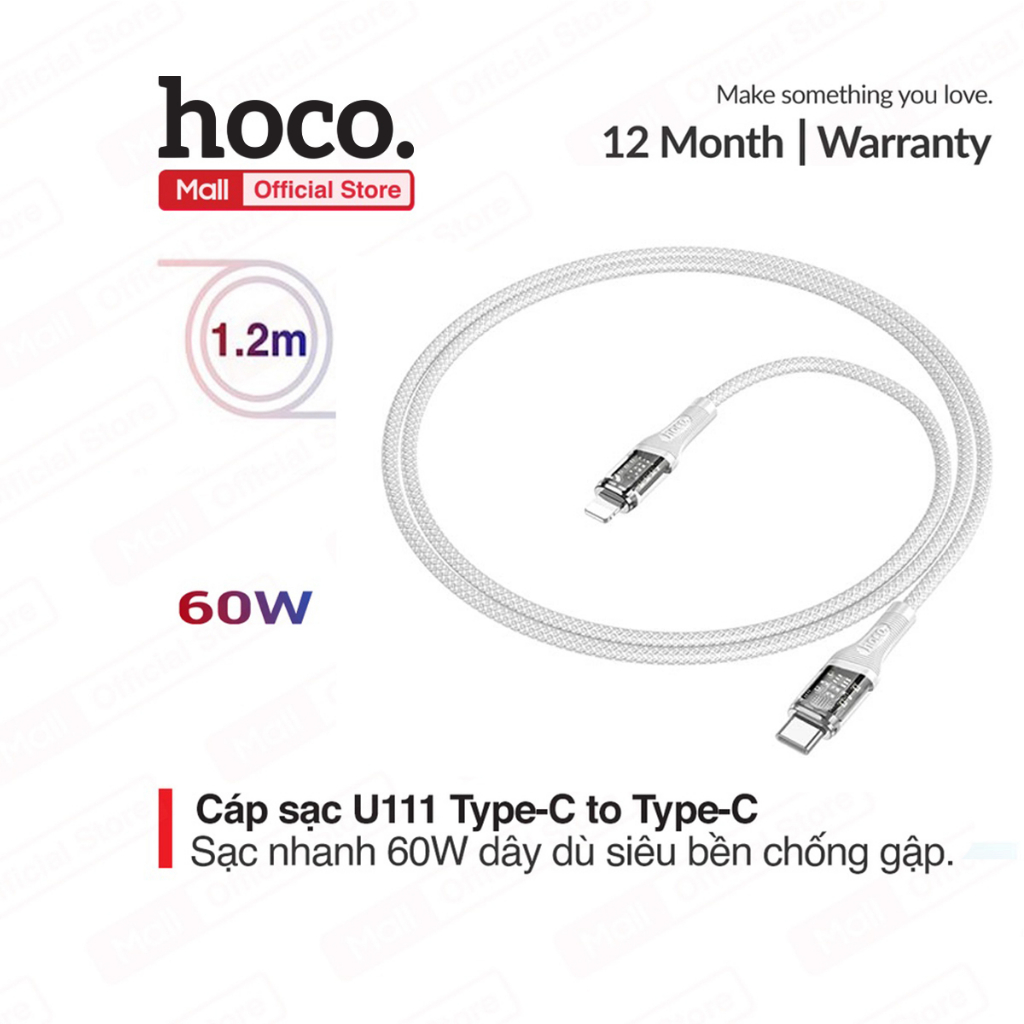 Cáp sạc Hoco U111 Type-C to Type-C PD60W dây dù chống rối dài 1.2M cho Android (TRẮNG)