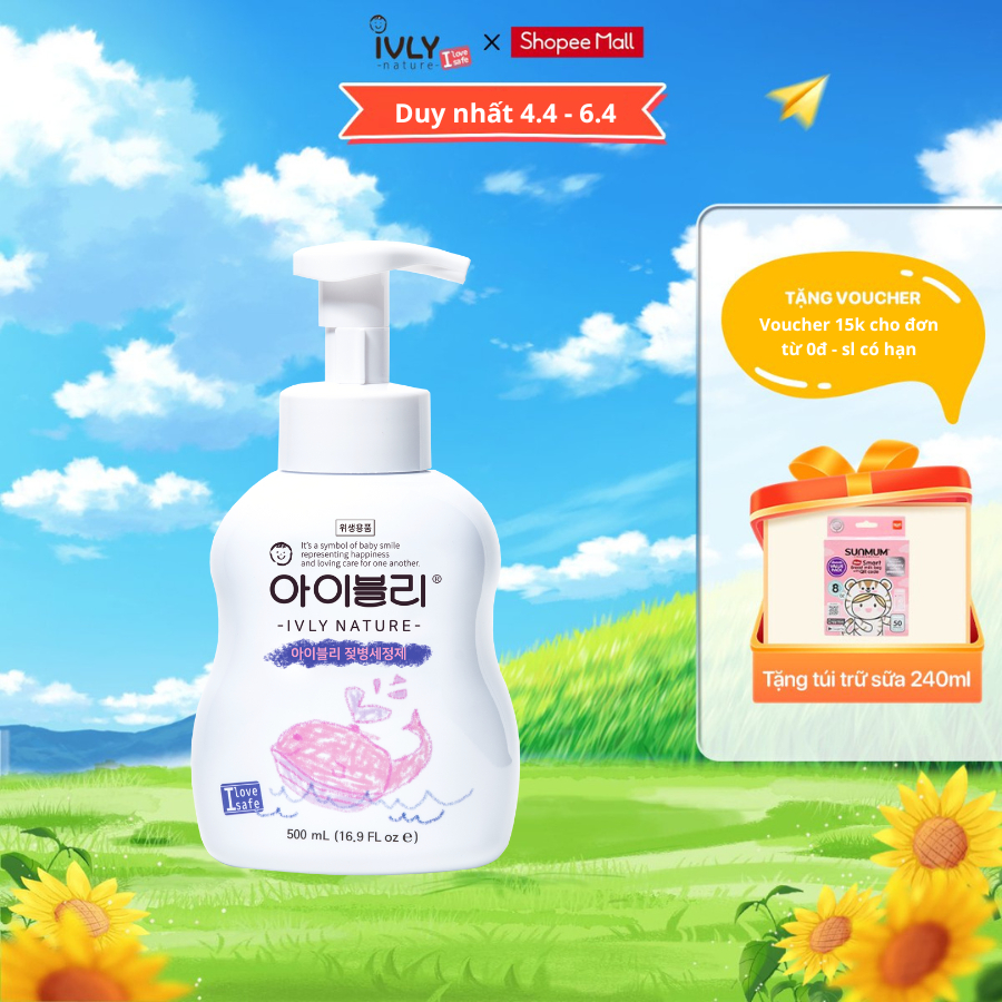 Nước rửa bình sữa cho bé Hàn Quốc IVLY NATURE dạng bọt chiết xuất từ thiên nhiên dung tích 500ml ivly001