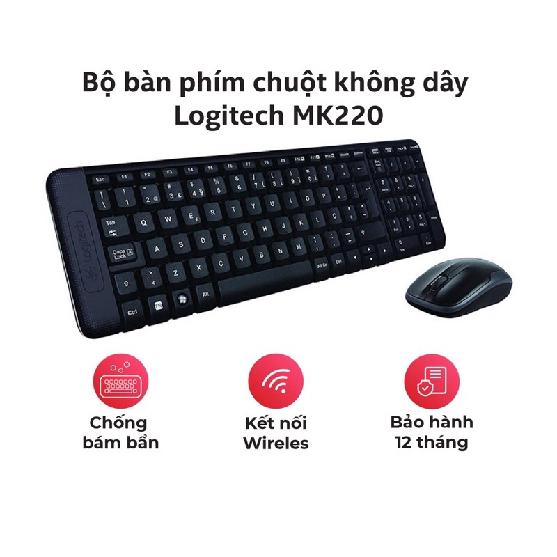 Bộ bàn phím chuột không dây Logitech MK220 Wireless USB bền, chống bám bẩn - Hàng chính hãng