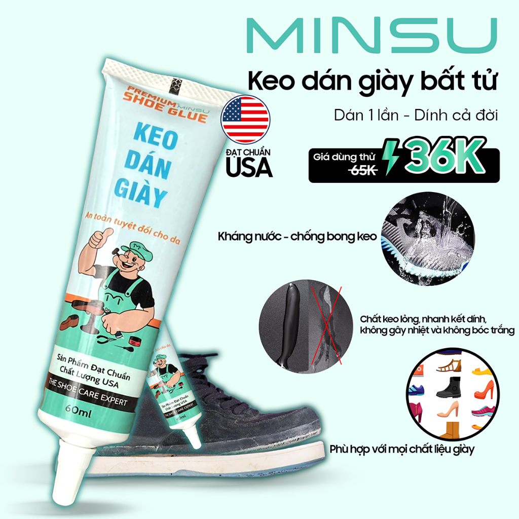 Keo dán giày dép siêu dính trong suốt Minsu 60ml, keo đa năng chuyên dụng dán đế giày thể thao, mũi giày da, giày vải.