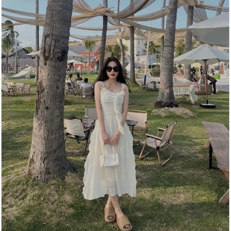 Váy tiểu thư ngọt ngào phối bèo sóng mây thướt tha thời trang nữ kèm feelback khách xinh V2BE