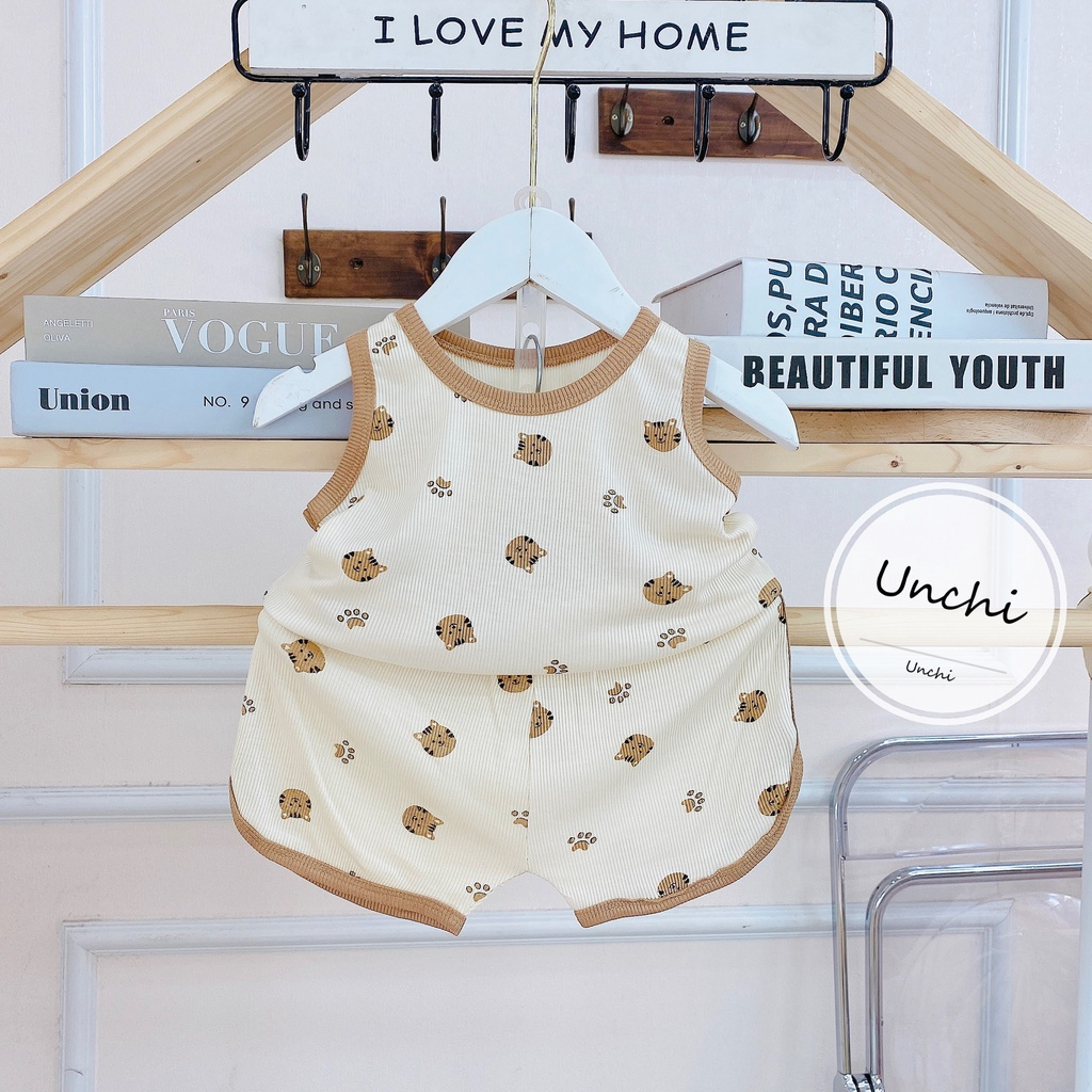 Bộ ba lỗ chất tăm lạnh xuất Hàn màu be in họa tiết cho bé trai bé gái 6-15kg