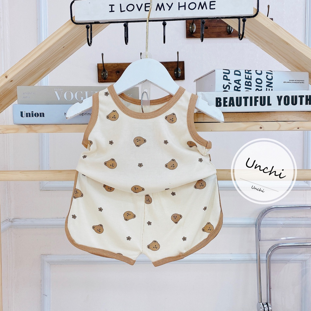 Bộ ba lỗ chất tăm lạnh xuất Hàn màu be in họa tiết cho bé trai bé gái 6-15kg