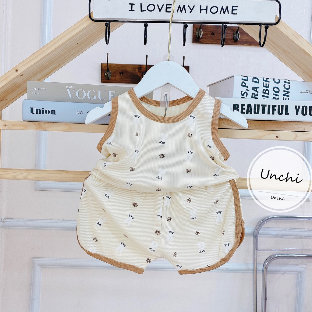 Bộ ba lỗ chất tăm lạnh xuất Hàn màu be in họa tiết cho bé trai bé gái 6-15kg