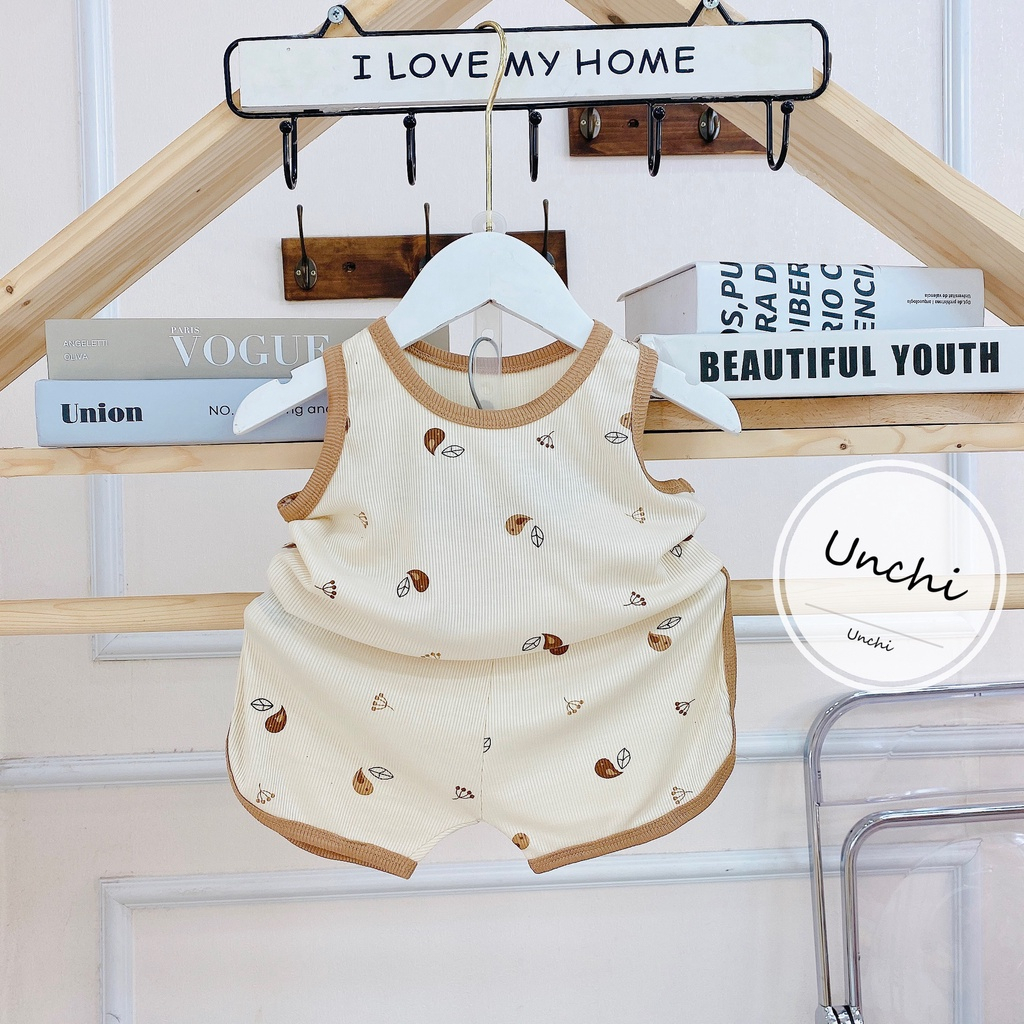 Bộ ba lỗ chất tăm lạnh xuất Hàn màu be in họa tiết cho bé trai bé gái 6-15kg