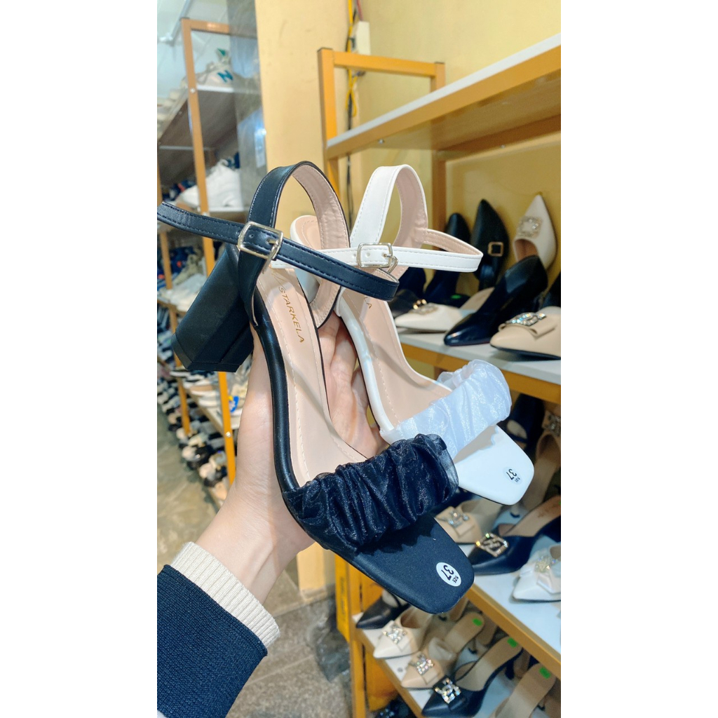 Giày sandal cao gót nữ quai nhún lưới phối dây quai mảnh cao 7cm màu đen - EB0