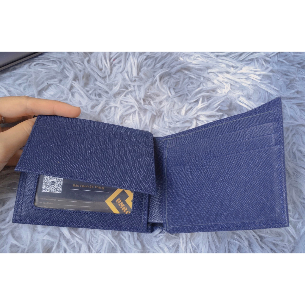 VÍ NAM DA BÒ SAFFIANO CAO CẤP MÀU XANH NAVY, VÍ NGANG , CÓ LÁ LẬT - Thương hiệu UMBO