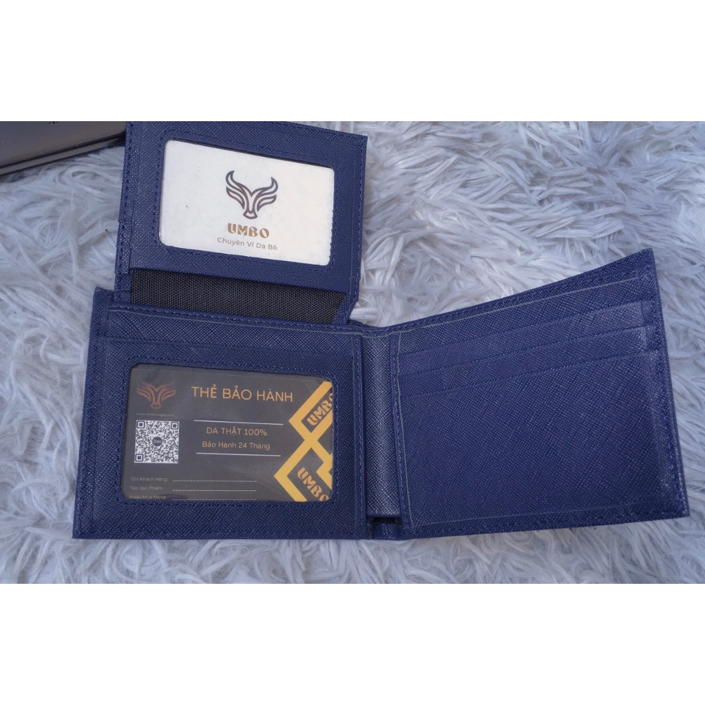 VÍ NAM DA BÒ SAFFIANO CAO CẤP MÀU XANH NAVY, VÍ NGANG , CÓ LÁ LẬT - Thương hiệu UMBO