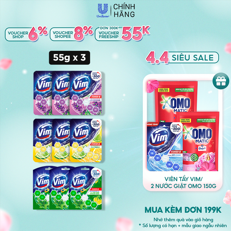 Combo 3 Viên Tẩy Bồn Cầu Vim Power 5 Sạch Khuẩn Thơm Mát (55g/viên)