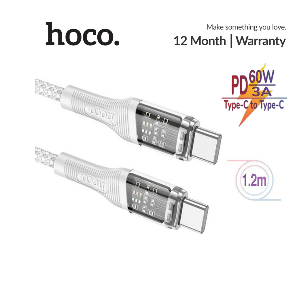 Cáp sạc nhanh 60W Hoco U111 Type-C to Type-C đầu sạc trong suốt vải dù bện dài 1.2M ( Trắng )