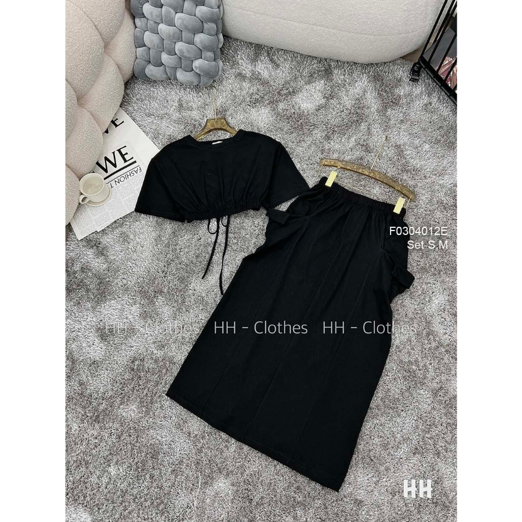 Set bộ 2 món áo dáng croptop khoét rút dây lưng kèm chân váy dáng dài đắp túi kiểu hai bên hàng đẹp!
