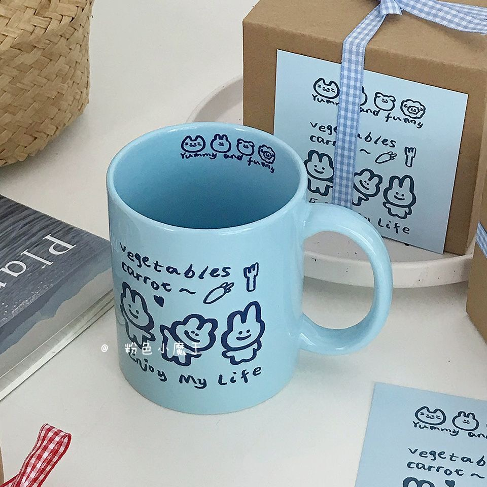 Cốc sứ màu hồng hình 3 chú thỏ cute đáng yêu Enjoy my life quà tặng giáng sinh sinh nhật năm mới