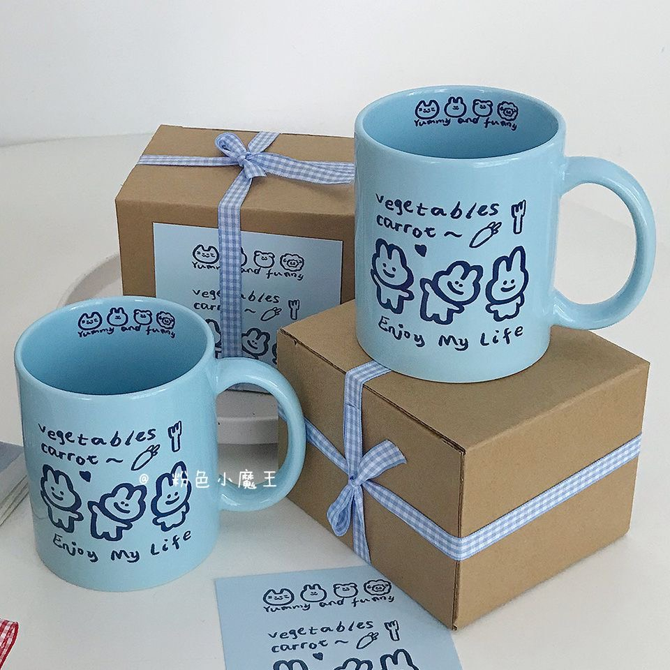 Cốc sứ màu hồng hình 3 chú thỏ cute đáng yêu Enjoy my life quà tặng giáng sinh sinh nhật năm mới