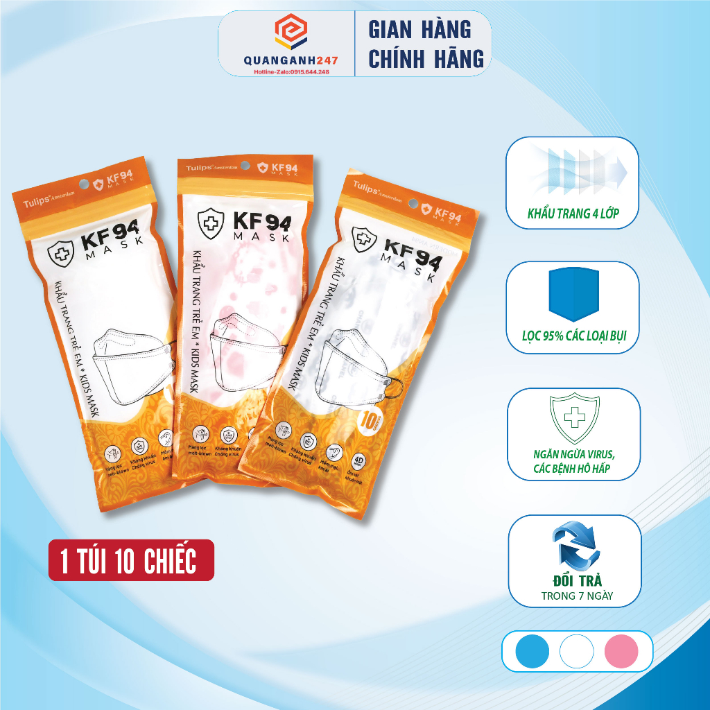 Thùng 200 chiếc Khẩu trang Y tế trẻ em 4D kháng khuẩn KF94 lọc bụi chống tia UV họa tiết dễ thương - Tulips