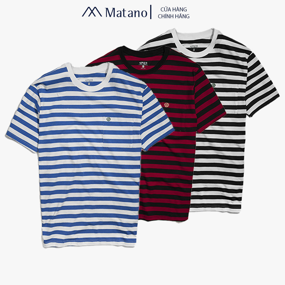 Áo Thun Nam Sọc Ngang Túi Thêu Lá MATANO AT050 ngắn tay vải cotton thấm mồ hôi, thoáng mát, mềm mại, form suông