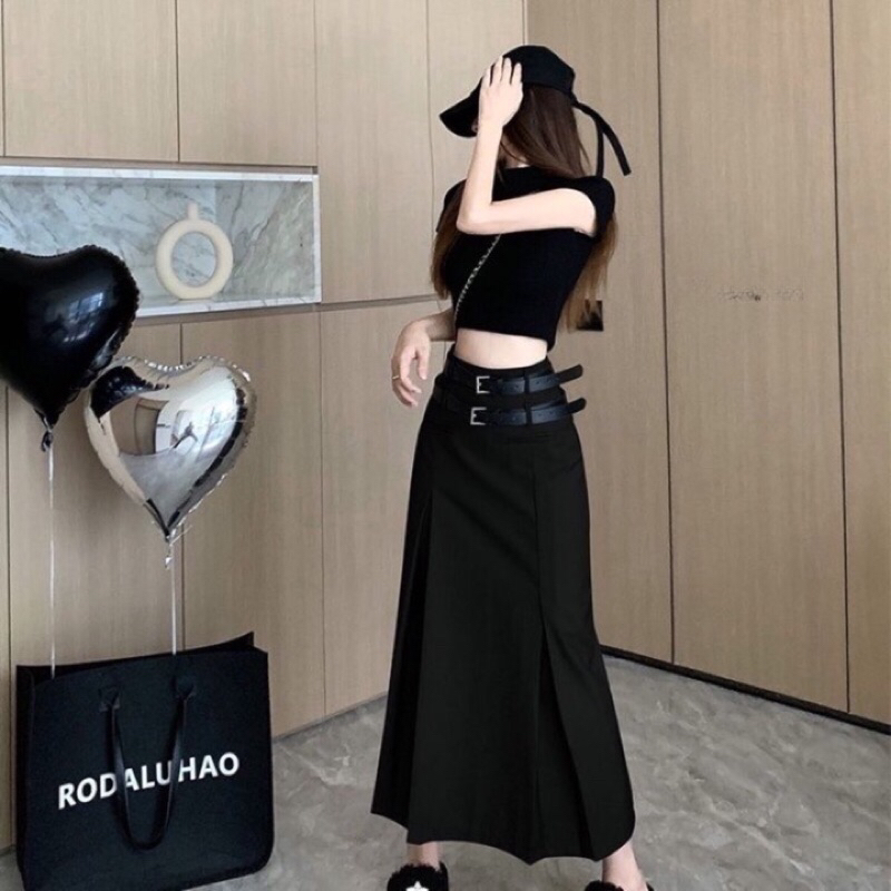 Chân váy dài Y2K Xẻ tà lệch hai tầng ly Dáng bút chì