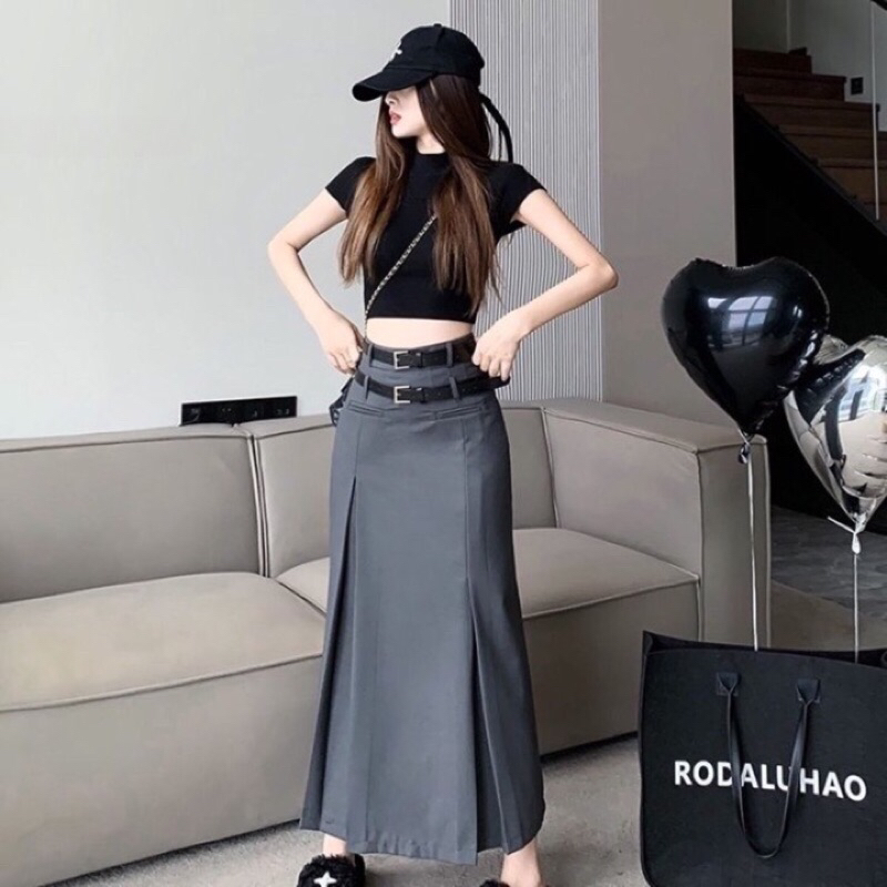 Chân váy dài Y2K Xẻ tà lệch hai tầng ly Dáng bút chì