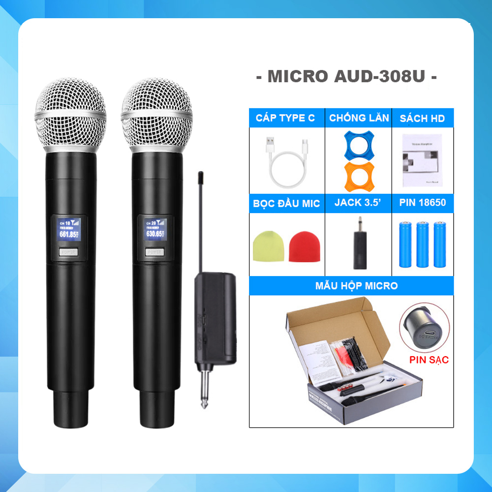 Bộ Micro Karaoke Không dây AUD308U | AUD-6002G | AUD-102 Cao cấp, hiện thị tần số, Chuyên dụng cho mọi Loa kéo, Amply