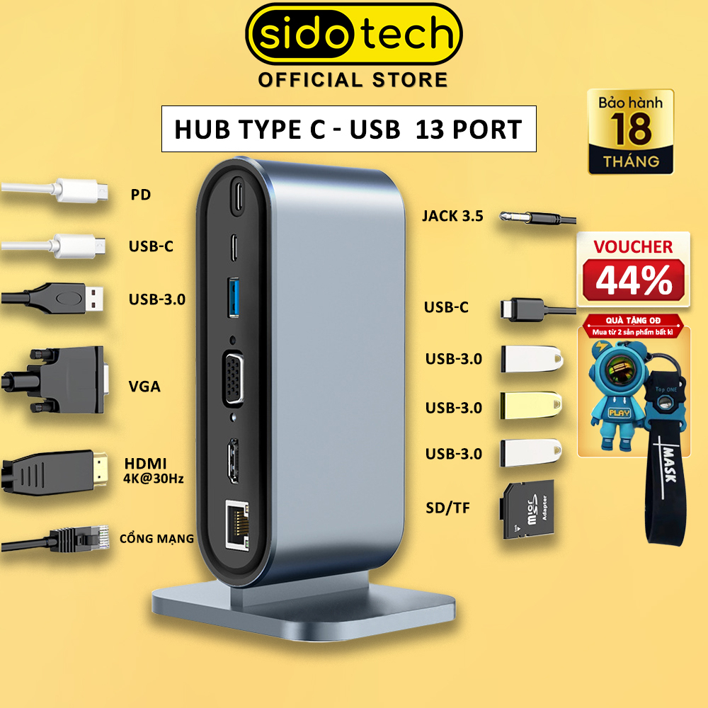Hub Type C - USB 3.0 13 port SIDOTECH trạm hub chuyển đổi mở rộng kết nối máy tính laptop pc máy in HDMI VGA cáp mạng