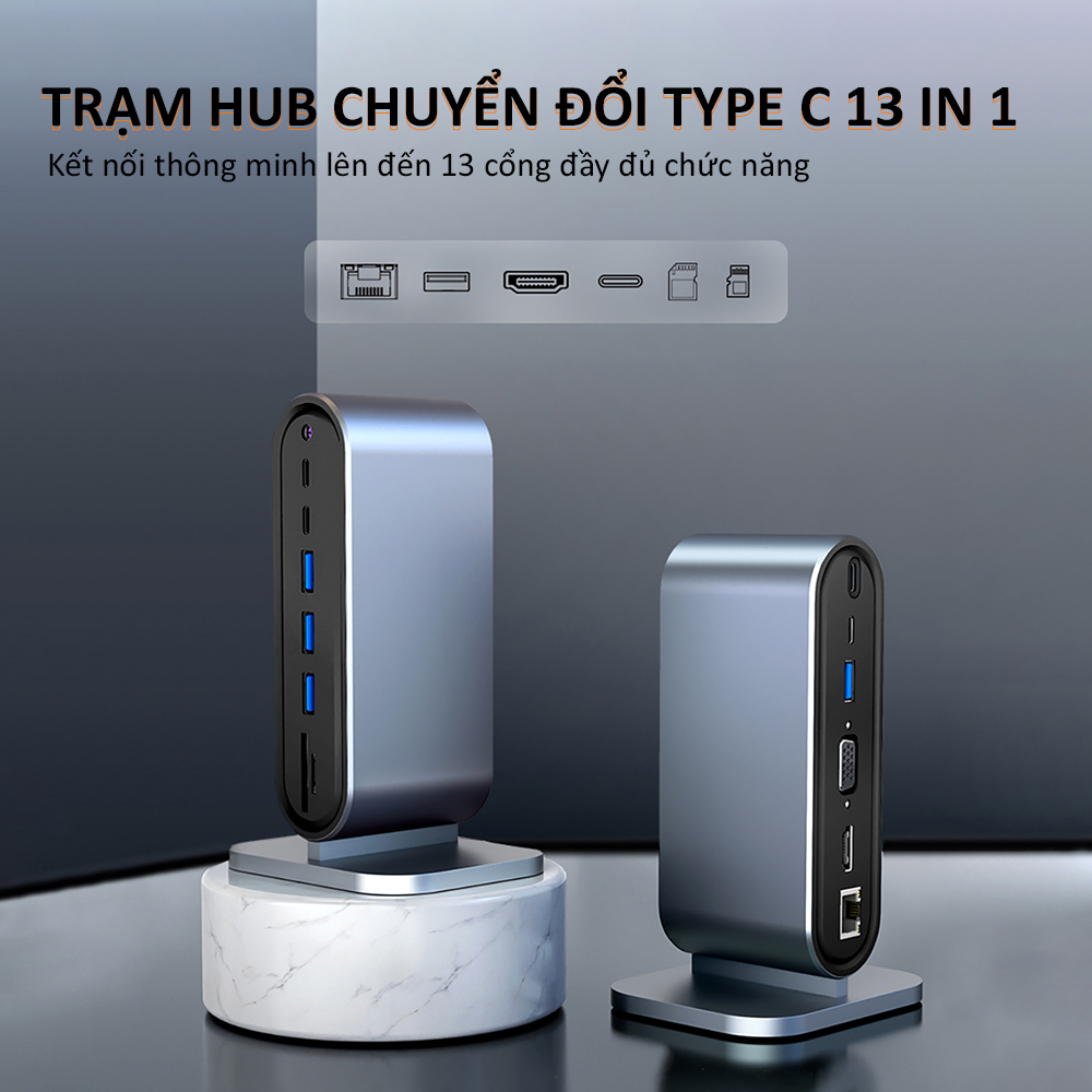 Hub Type C - USB 3.0 13 port SIDOTECH trạm hub chuyển đổi mở rộng kết nối máy tính laptop pc máy in HDMI VGA cáp mạng