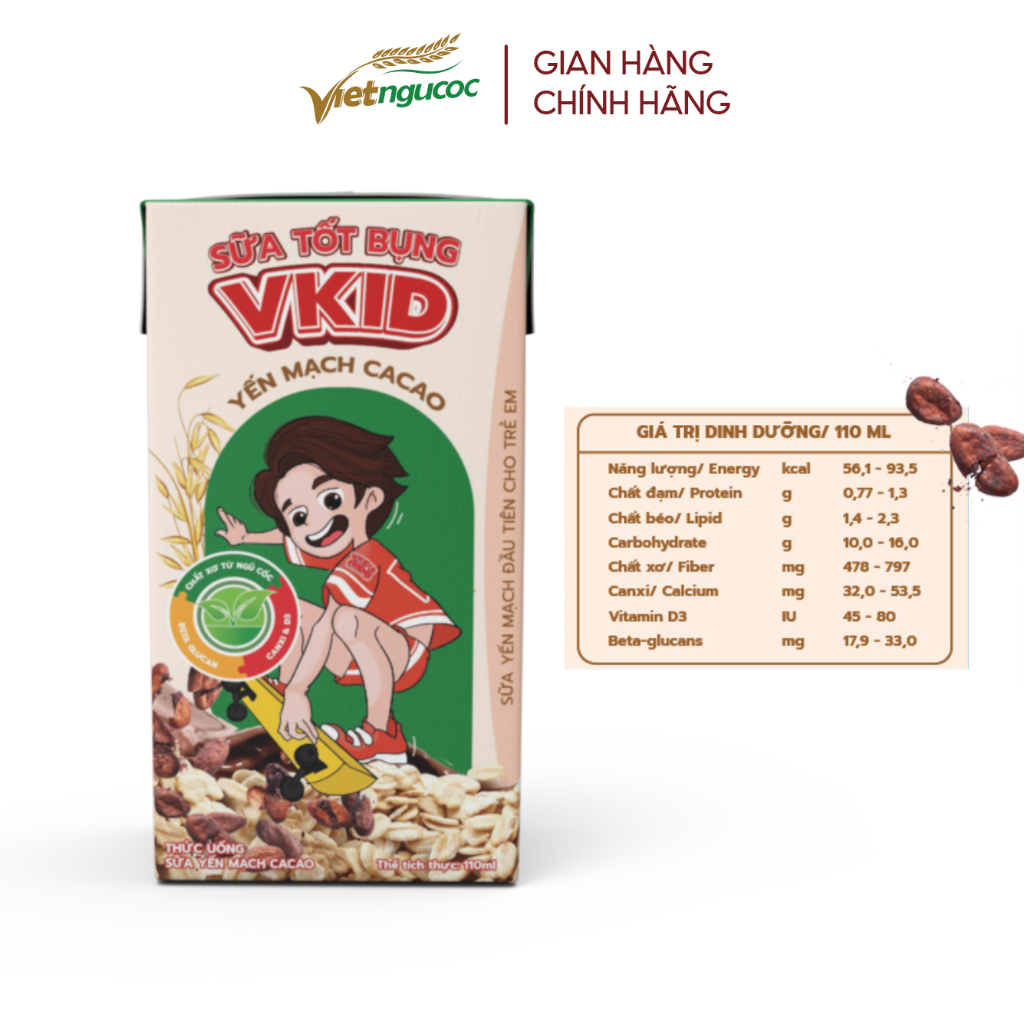 Combo 5 Lốc Sữa Yến Mạch Vkid VIỆT NGŨ CỐC Cho Bé Thơm Ngon Hương Vị Cacao 110ml/Hộp