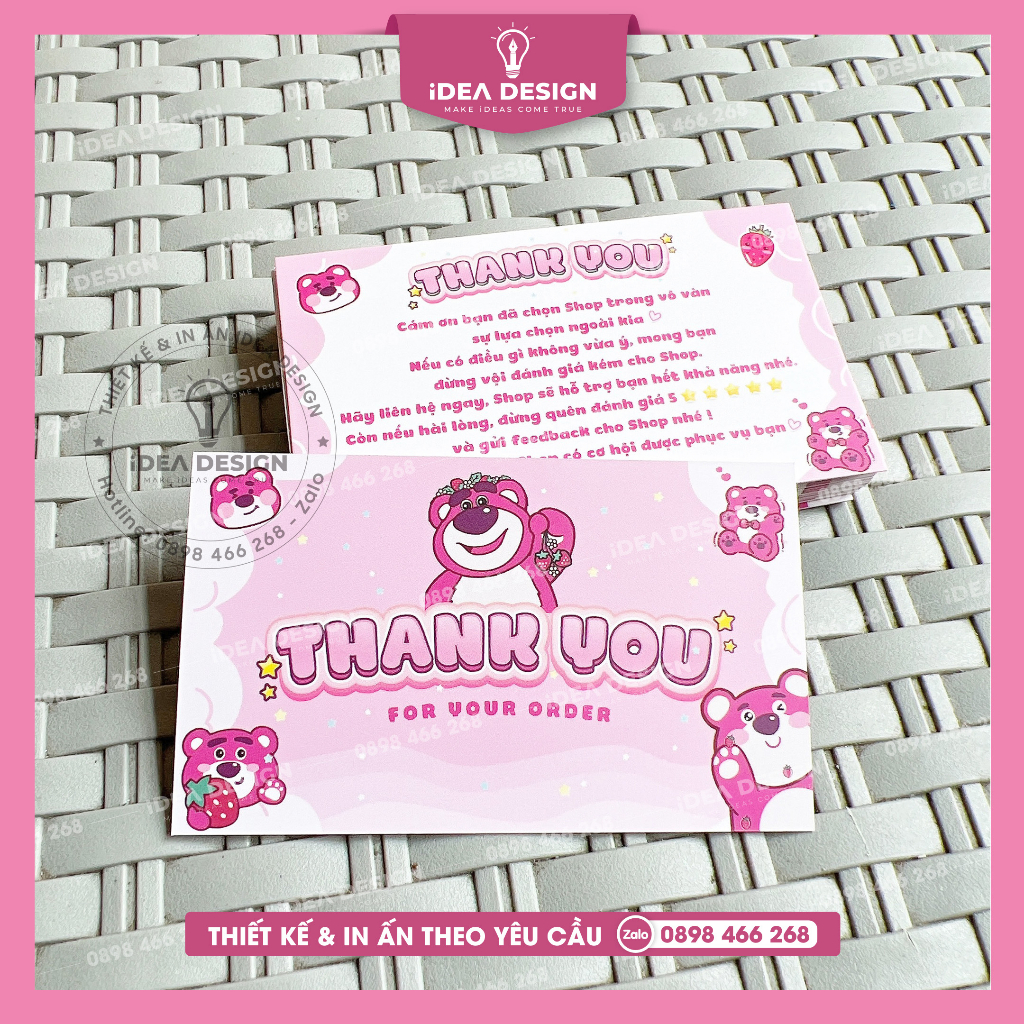 Thiệp cảm ơn, thank you card mẫu GẤU DÂU LOSTO màu hồng siêu dễ thương - Size 9x5.4cm - Giấy C300 - cán màng mờ 2 mặt