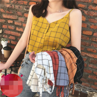 Áo hai dây cổ tim họa tiết caro thời trang quyến rũ